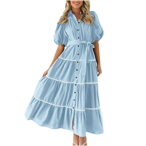 pimelu Dresses for Women Maxi Dresses for Women 2024 Button Down Loose Flowy Ruffle Swing Puff Sleeve Dress with Belt Summer Trendy Solid Short Sleeve V-Neck Women Long Sundresses