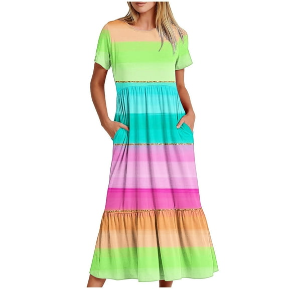 pimelu Dresses for Women Maxi Dresses for Women 2024 Flowy Loose Pleated Ruffle Swing Tunic Pocket Maxi Dresses Summer Vintage Color Patchwork Short Sleeve Round Neck Girls Long Sundress