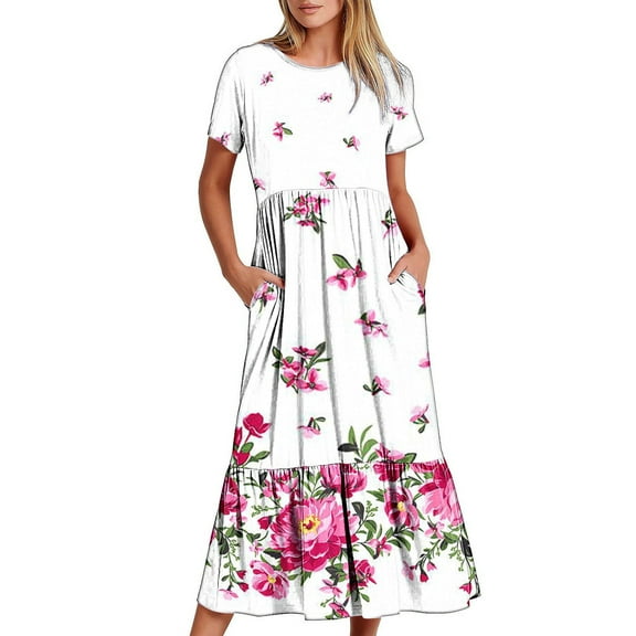 pimelu Dresses for Women Maxi Dresses for Women 2024 Flowy Pleated Swing Ruffle Layer Loose Tunic Pocket Long Dress Summer Elegant Floral Print Short Sleeve Round Neck Womens Maxi Sun Dresses