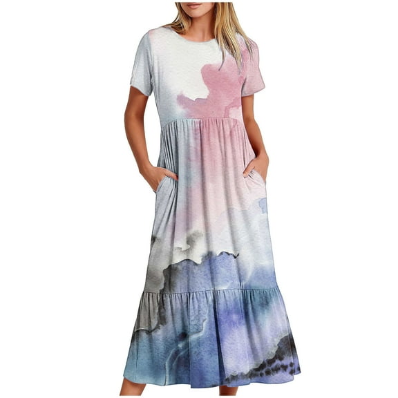 pimelu Dresses for Women Maxi Dresses for Women 2024 Loose Flowy Pleated Ruffle Swing Tunic Long Dress with Pocket Summer Formal Marbled Print Short Sleeve Crewneck Womens Maxi Sun Dresses