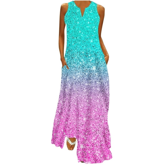 pimelu Dresses for Women Maxi Dresses for Women 2024 Party Prom Loose Pocket Long Tank Dresses Summer Casual Sequin Sleeveless V-Neck Ladies Maxi Dresses