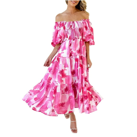pimelu Dresses for Women Summer Dresses for Women 2024 Beach Elastic Waist Loose Ruffle Swing off Shoulder Maxi Dress Summer Vintage Floral Short Sleeve Tube Top Women Long Sun Dresses