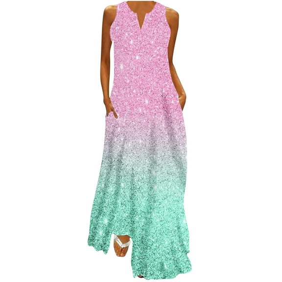 pimelu Dresses for Women Summer Dresses for Women 2024 Beach Loose Pocket Tank Long Sundresses Summer Casual Sequin Sleeveless V-Neck Womens Maxi Sundresses