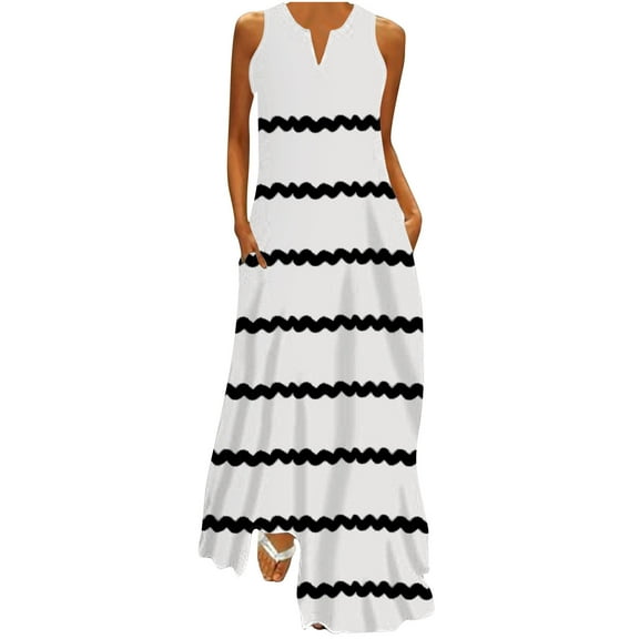 pimelu Dresses for Women Summer Dresses for Women 2024 Loose Beach Boho Tank Long Dresses with Pocket Summer Formal Striped Print Sleeveless V-Neck Womens Maxi Sundresses