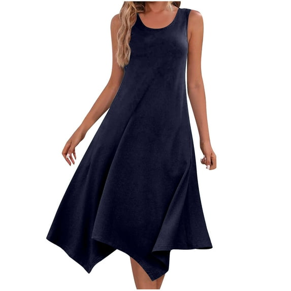 pimelu Dresses for Women Summer Dresses for Women 2024 Loose Irregular Pleated Hem Beach Tank Knee-Length Dress Summer Formal Solid Sleeveless Crewneck Girls Midi Sundress