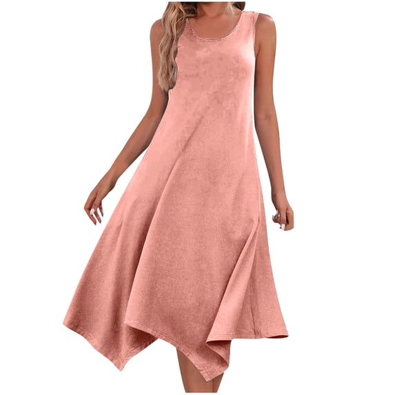 pimelu Dresses for Women Summer Dresses for Women 2024 Loose Irregular Pleated Hem Beach Tank Knee-Length Dress Summer Trendy Solid Sleeveless Crewneck Womens Midi Dresses