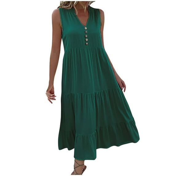 pimelu Dresses for Women Summer Dresses for Women Beach Button up Loose Ruffle Swing Tank Long Dress Summer Vintage Solid Sleeveless V-Neck Girls Maxi Dresses