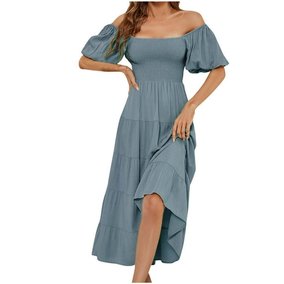 pimelu Dresses for Women Summer Dresses for Women Cocktail Party Prom Puff Sleeve Off Shoulder Flowy Ruffle Swing Long Dress Summer Vintage Solid Short Sleeve Square Neck Women Maxi Sun Dresses
