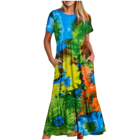 pimelu Dresses for Women Summer Dresses for Women Loose Pocket Flowy Pleated Swing A Line Maxi Dresses Summer Formal Tie-Dye Print Short Sleeve Crewneck Womens Long Sun Dresses