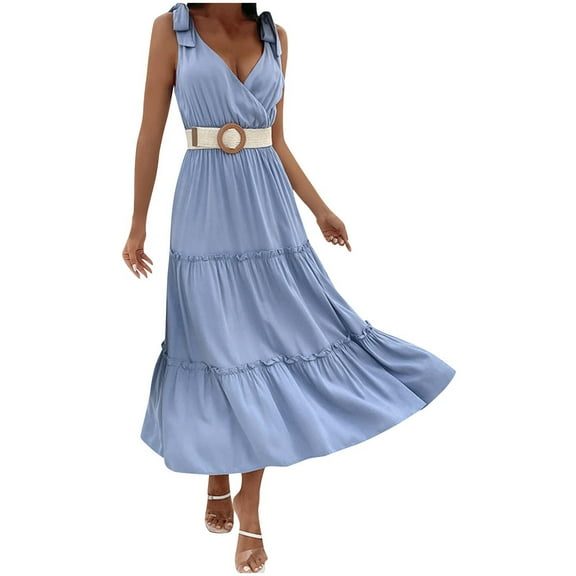 pimelu Dresses for Women Summer Dresses for Women Party Prom Flowy Ruffle Swing Strap Formal Dresses with Belt Summer Formal Solid Sleeveless V-Neck Girls Long Sun Dress