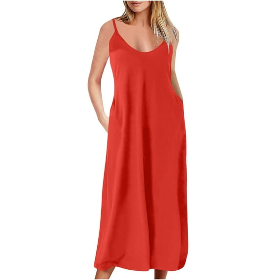 pimelu Dresses for Women Summer Dresses for Women Party Prom Plus Size Spaghetti Strap Long Dresses with Pocket Summer Elegant Solid Sleeveless Crewneck Ladies Maxi Dresses