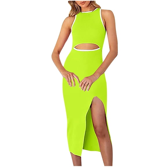 pimelu Dresses for Women Summer Dresses for Women Sexy Hollow out Party Club Bodycon Knee-Length Dress Summer Casual Solid Sleeveless Crewneck Ladies Midi Sundresses