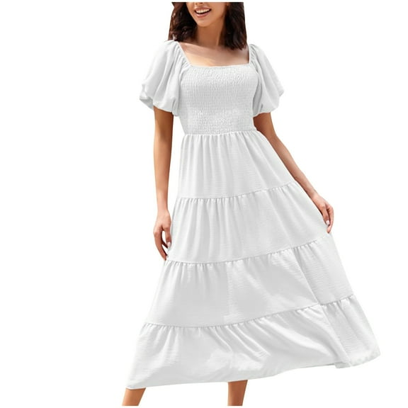 pimelu Dresses for Women Sundresses for Women Beach Boho Elastic Waist Flowy Ruffle Swing A Line Long Dress Summer Vintage Solid Short Sleeve Square Neck Womens Maxi Dress
