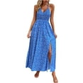 thumbnail image 1 of pimelu Dresses for Women Sundresses for Women Bohemian Beach Elastic Waist Slit Swing Strap Halter Long Dress Summer Fashion Floral Print Sleeveless V-Neck Women Maxi Dress, 1 of 6