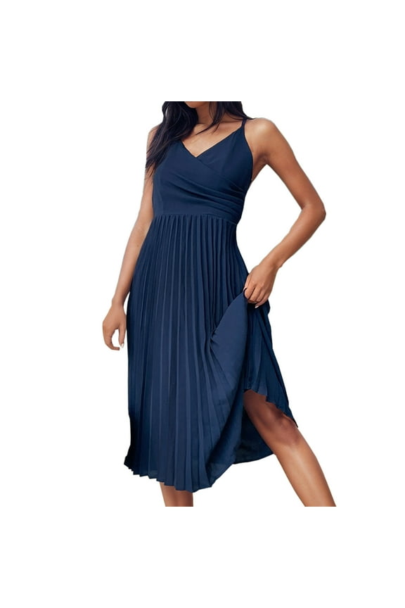 Dresses for Women Wedding Guest Dresses for Women Cocktail Party Empire Waist Pleated Swing Spaghetti Strap Midi Dress Summer Elegant Solid Sleeveless V-Neck Ladies Knee-Length Sundress