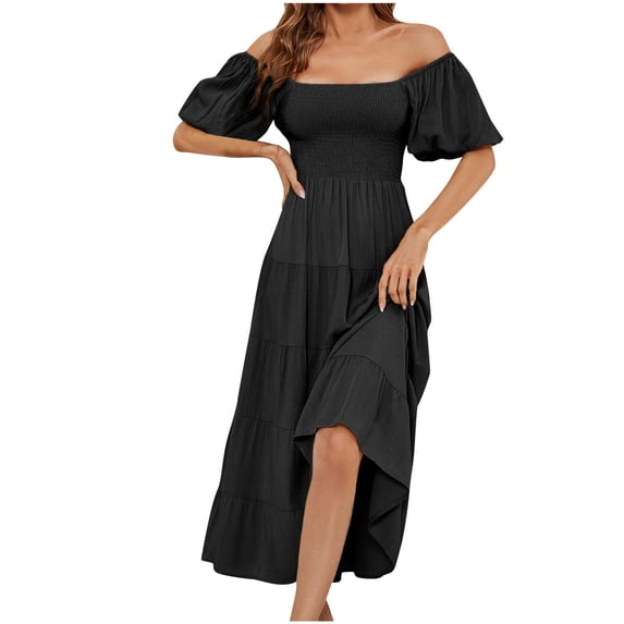pimelu Dresses for Women Wedding Guest Dresses for Women Cocktail Party Prom Puff Sleeve Off Shoulder Flowy Ruffle Swing Long Dress Summer Formal Solid Short Sleeve Square Neck Girls Maxi Sun Dress