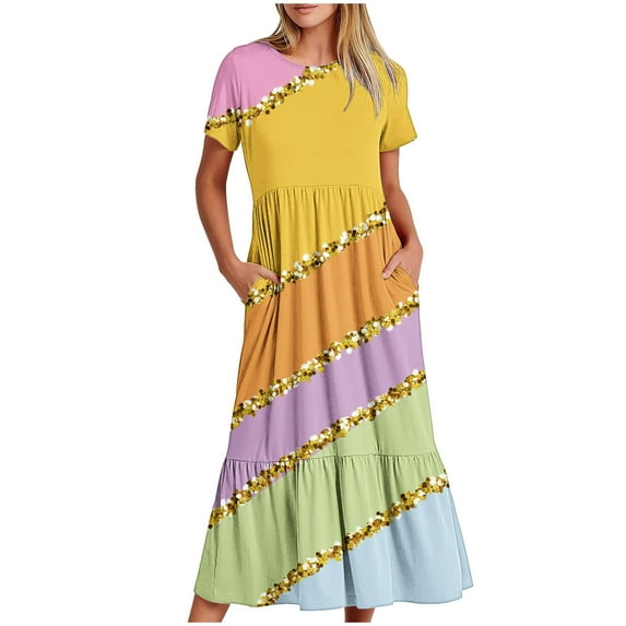 pimelu Dresses for Women Wedding Guest Dresses for Women Loose Flowy Pleated Ruffle Swing Tunic Long Dress with Pocket Summer Vintage Color Patchwork Short Sleeve Round Neck Girls Maxi Dresses