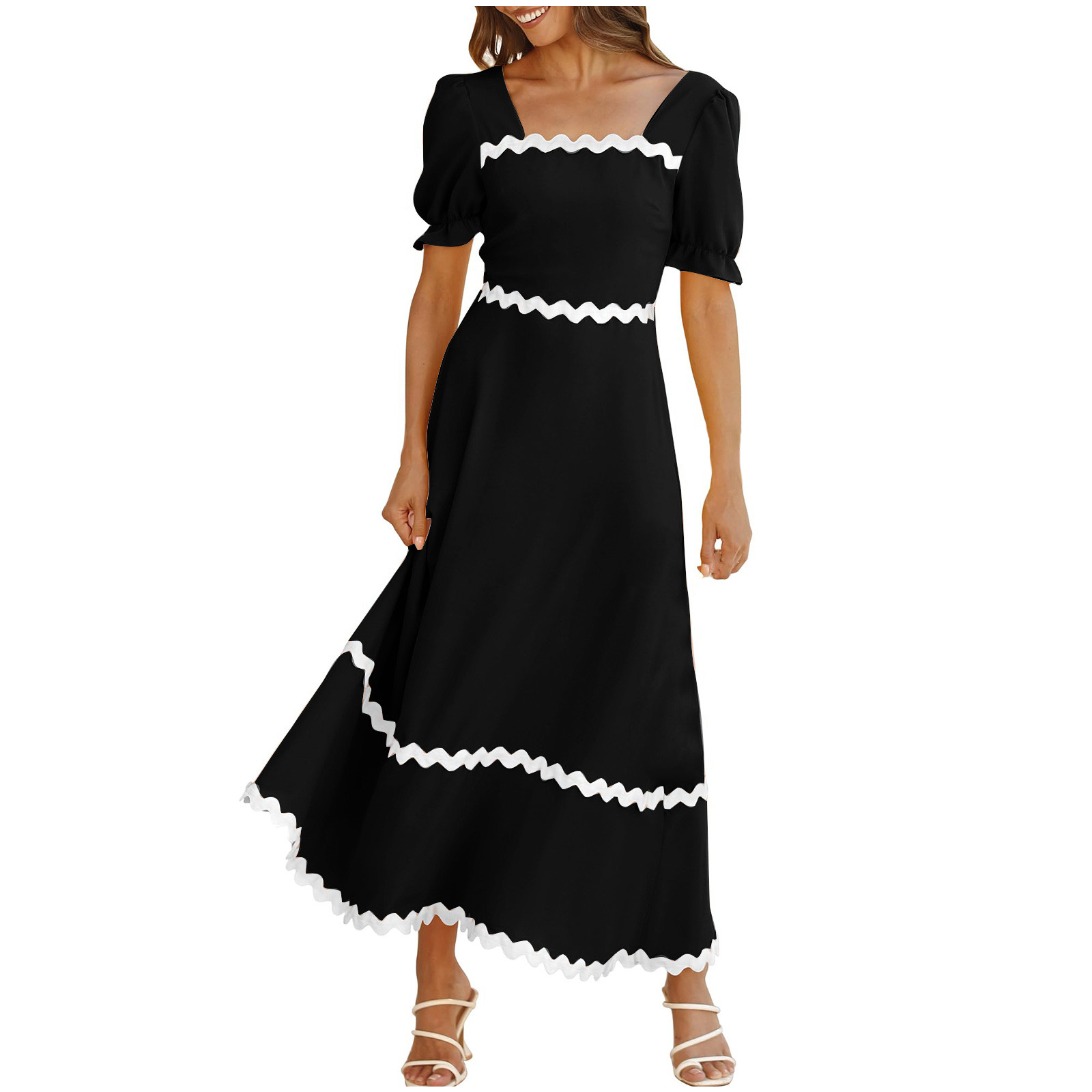pimelu Dresses for Women Wedding Guest Dresses for Women Party Prom Elastic Waist Puff Sleeve A Line Long Dress Summer Trendy Striped Print Short Sleeve Square Neck Girls Maxi Sundress