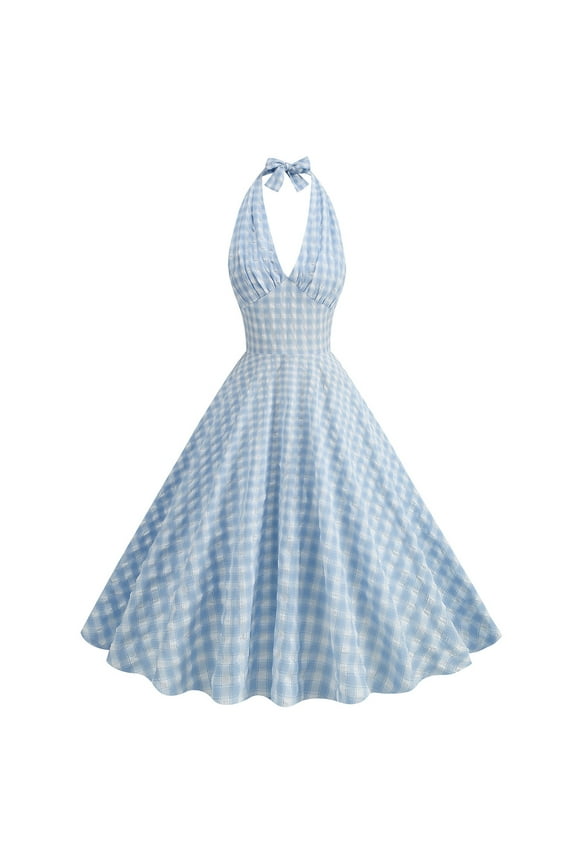 Dresses for Women Wedding Guest Dresses for Women Vintage 1850s Empire Waist Pleated Swing Party Prom Halter Dress Summer Vintage Plaid Print Sleeveless V-Neck Womens Midi Sun Dress