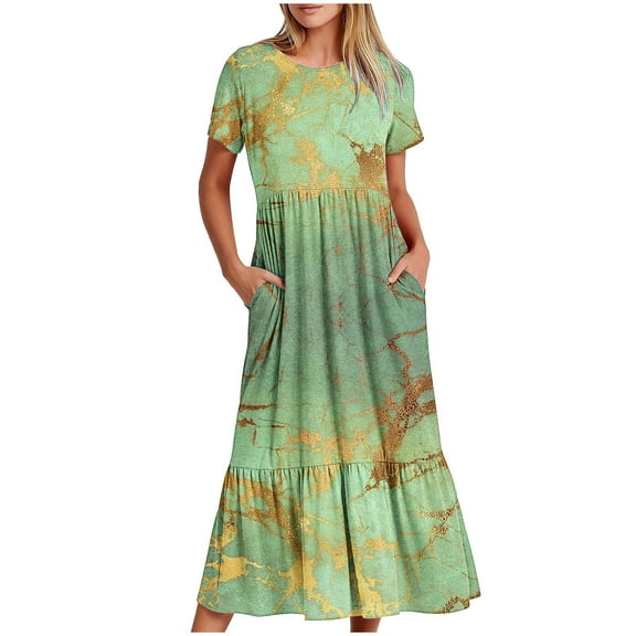 pimelu Dresses for Women Womens Dresses Beach Loose Pleated Swing Ruffle Hem Tunic Long Dress with Pocket Summer Vintage Marbled Print Short Sleeve Crewneck Ladies Maxi Sun Dresses