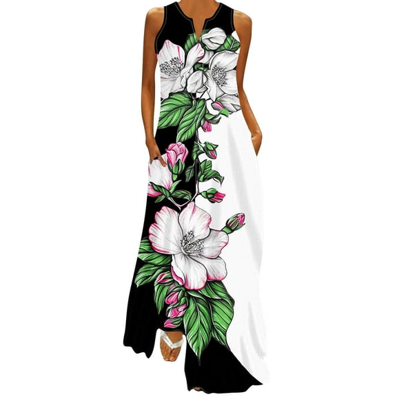 pimelu Dresses for Women Womens Dresses Beach Loose Tank Long Sun Dress with Pocket Summer Elegant Flower Print Sleeveless V-Neck Women Maxi Sun Dresses