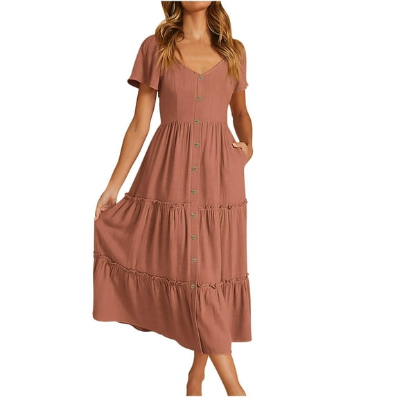 pimelu Dresses for Women Womens Dresses Button Down Loose Flowy Ruffle Swing Maxi Dress with Pocket Summer Vintage Solid Short Sleeve V-Neck Womens Long Sundresses