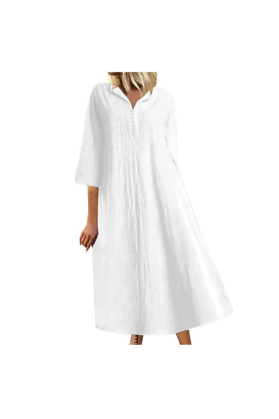 Dresses for Women Womens Dresses Button up Plus Size Loose Swing Cotton Linen Maxi Dress Summer Trendy Solid Elbow-Length Lapel Women Long Dresses