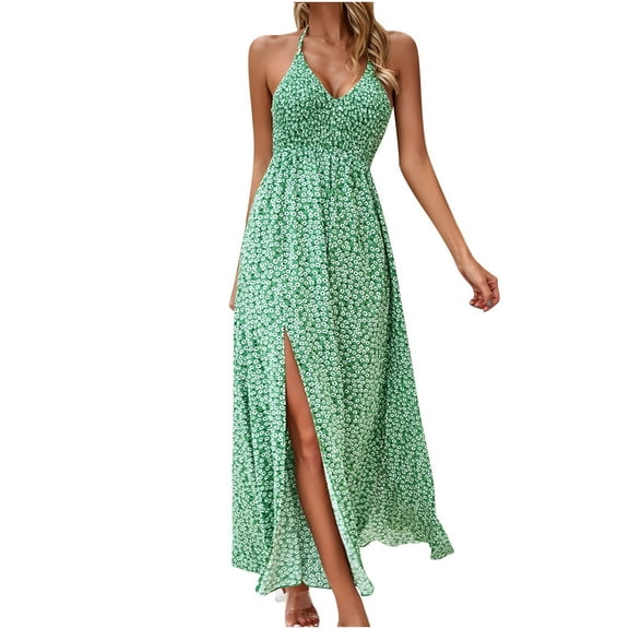 pimelu Dresses for Women Womens Dresses Elastic Waist Slit Hem Beach Bohemian Spaghetti Strap Maxi Dress Summer Formal Floral Sleeveless V-Neck Womens Long Dresses