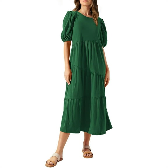 pimelu Dresses for Women Womens Dresses Lantern Sleeve Loose Pleated Swing Maxi Dress Summer Casual Solid Short Sleeve Round Neck Ladies Long Sun Dress
