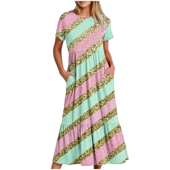 pimelu Dresses for Women Womens Dresses Loose Flowy Pleated Ruffle Swing A-Line Long Dress with Pocket Summer Elegant Striped Print Short Sleeve Round Neck Ladies Maxi Dresses
