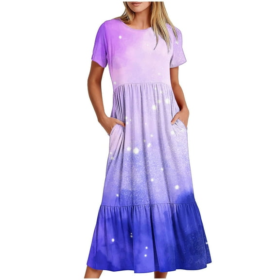 pimelu Dresses for Women Womens Dresses Loose Flowy Pleated Ruffle Swing A-Line Long Dress with Pocket Summer Trendy Gradient Print Short Sleeve Round Neck Women Maxi Sun Dress