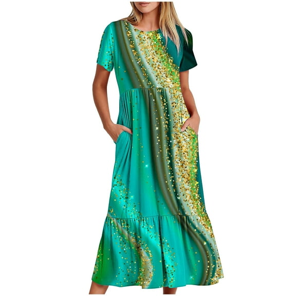 pimelu Dresses for Women Womens Dresses Loose Flowy Pleated Ruffle Swing A-Line Long Dress with Pocket Summer Vintage Marbled Print Short Sleeve Crewneck Ladies Maxi Dresses