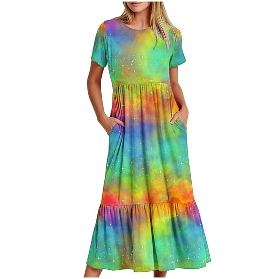 pimelu Dresses for Women Womens Dresses Loose Flowy Pleated Swing A Line Maxi Dresses with Pocket Summer Formal Tie-Dye Short Sleeve Round Neck Women Long Sundress
