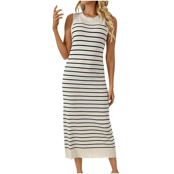 pimelu Dresses for Women Womens Dresses Party Club Slim Fit Soft Knitted Bodycon Dress Summer Trendy Striped Print Sleeveless Round Neck Ladies Long Sun Dress