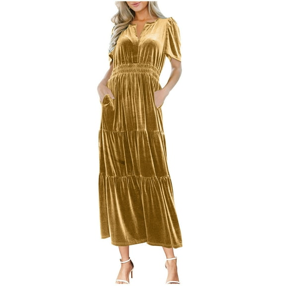 pimelu Dresses for Women Womens Dresses Party Comfy Gold Velvet Elastic Waist Pleated Swing Pocket Dress Summer Elegant Solid Short Sleeve V-Neck Womens Long Sun Dresses