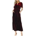 thumbnail image 1 of pimelu Dresses for Women Womens Dresses Party Comfy Gold Velvet Elastic Waist Pleated Swing Pocket Dress Summer Fashion Solid Short Sleeve V-Neck Womens Long Sun Dress, 1 of 6
