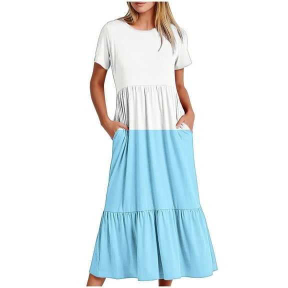pimelu Dresses for Women Womens Dresses Pleated Swing Loose A Line Beach Long Dress with Pocket Summer Formal Color Patchwork Short Sleeve Round Neck Ladies Maxi Sun Dress