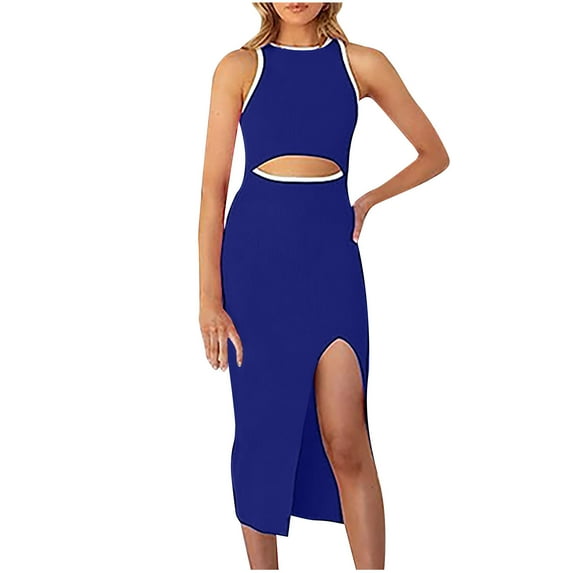 pimelu Dresses for Women Womens Dresses Sexy Hollow out Party Club Bodycon Knee-Length Dress Summer Trendy Solid Sleeveless Crewneck Womens Midi Sun Dresses
