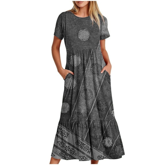 pimelu Dresses for Women Womens Dresses Vintage Western Graphics Pleated Swing Tunic Maxi Dress with Pocket Summer Vintage Ethnic Style Print Short Sleeve Crewneck Women Long Sundress