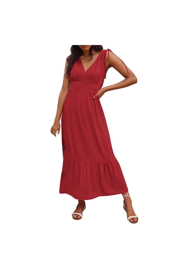 Dresses for Women Womens Summer Dresses Beach Boho Empire Waist Flowy Ruffle Swing Strap Long Dresses Summer Trendy Solid Short Sleeve V-Neck Girls Maxi Sundress