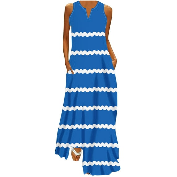 pimelu Dresses for Women Womens Summer Dresses Beach Boho Loose Maxi Tank Dresses with Pocket Summer Formal Striped Print Sleeveless V-Neck Girls Long Sun Dresses