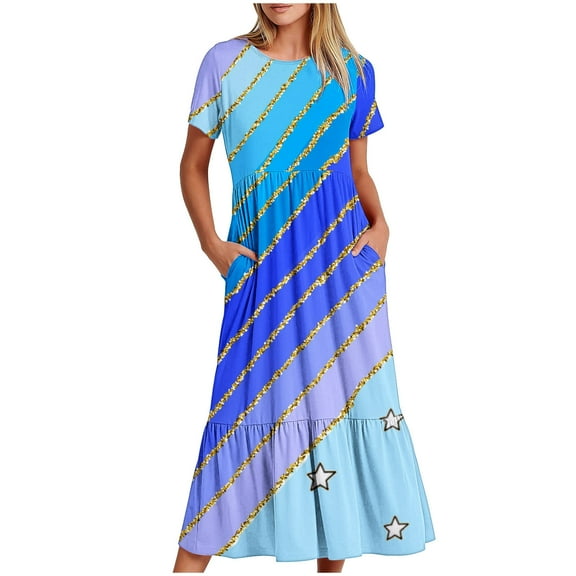 pimelu Dresses for Women Womens Summer Dresses Beach Loose Pleated Swing Ruffle Hem A Line Long Dress with Pocket Summer Formal Gradient Print Short Sleeve Crewneck Women Maxi Dress