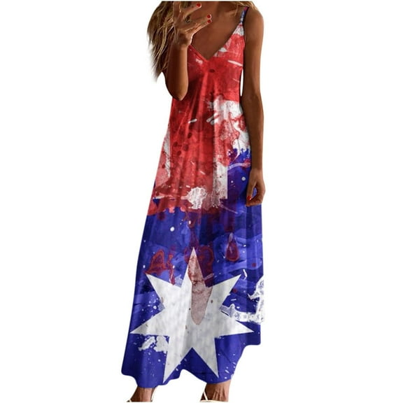 pimelu Dresses for Women Womens Summer Dresses Independence Day Loose Spaghetti Strap Patriotic Maxi Dresses Summer Elegant Star Print Sleeveless V-Neck Womens Long Sun Dress