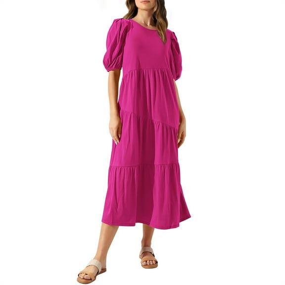 pimelu Dresses for Women Womens Summer Dresses Lantern Sleeve Loose Pleated Swing Maxi Dress Summer Fashion Solid Short Sleeve Round Neck Women Long Sun Dress