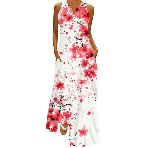pimelu Dresses for Women Womens Summer Dresses Loose Beach Tank Long Dresses with Pocket Summer Casual Floral Print Sleeveless V-Neck Girls Maxi Sundress