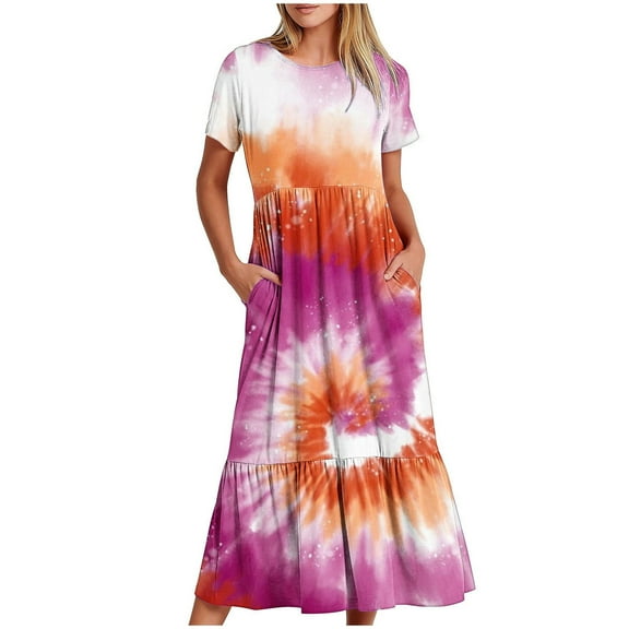 pimelu Dresses for Women Womens Summer Dresses Loose Flowy Pleated Swing Tunic Maxi Dress with Pocket Summer Fashion Tie-Dye Print Short Sleeve Round Neck Girls Long Sundresses