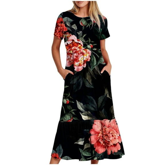 pimelu Dresses for Women Womens Summer Dresses Loose Flowy Pleated Swing Tunic Maxi Dresses with Pocket Summer Trendy Daisy Print Short Sleeve Crewneck Women Long Sundress