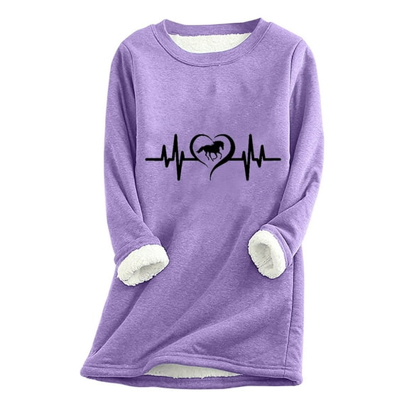 pimelu Fleece Sweatshirt for Women Womens Plush Lined Sweatshirts Valentine's Day Trendy ECG Print Fleece Sweater Winter Crewneck Long Sleeve Cozy Fuzzy Sherpa Pullover Tops