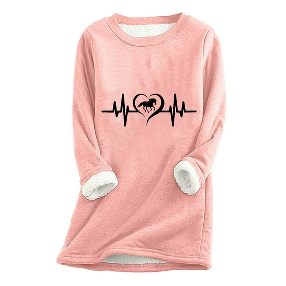 pimelu Fleece Sweatshirt for Women Womens Plush Lined Sweatshirts Valentine's Day Trendy ECG Print Fleece Sweater Winter Crewneck Long Sleeve Cozy Fuzzy Sherpa Pullover Tops