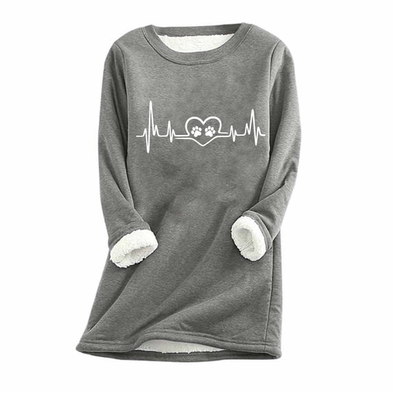 pimelu Fleece Sweatshirt for Women Womens Plush Sweatshirts Valentine's Day Dog Paw ECG Print Sherpa Pullover Tops Winter Warm Thickened Soft Fuzzy Fleece Sweatshirts Sweater